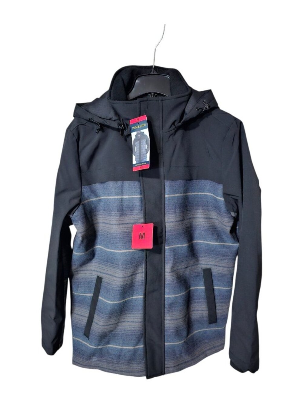 Pendleton Softshell Wool Blend Jacket Men Plaid Removeable Hood Zip, Blue Sz M